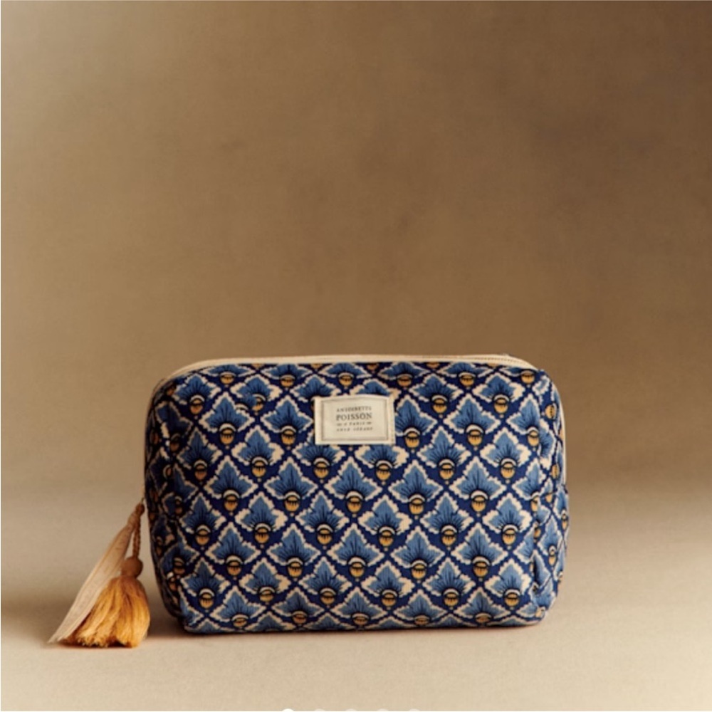 Sezane Antoinette Poisson Toiletry Bag Blue Diamond Cosmetic Travel Case Makeup - Picture 2 of 11